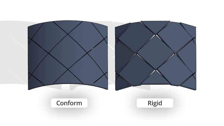 Diamond panels on a curved surface: Conform follows the curve on the left; Rigid keeps panels flat with visible gaps on the right.