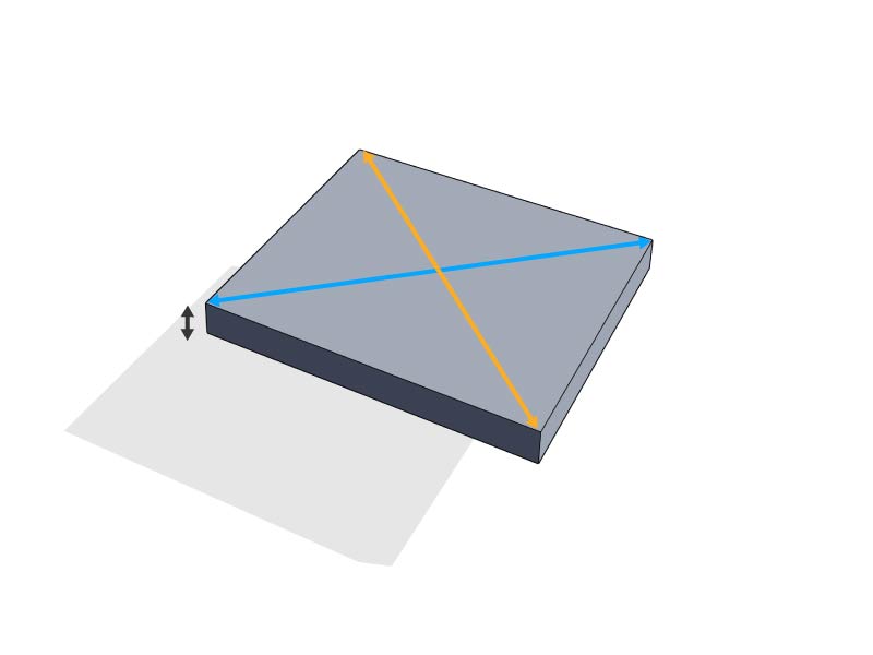Diamond piece showing both diagonal dimensions and thickness.
