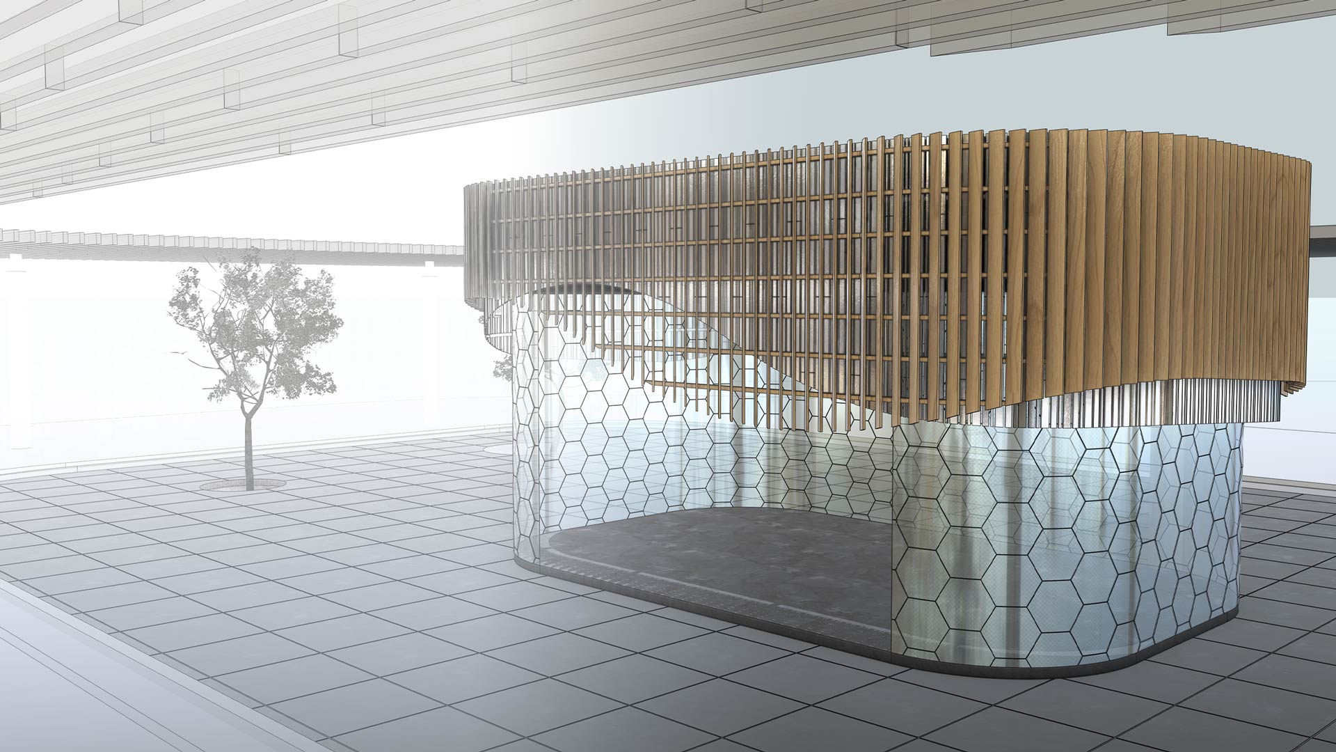 Layered timber panels and hexagonal pieces covering connected curved surfaces in a SketchUp model.
