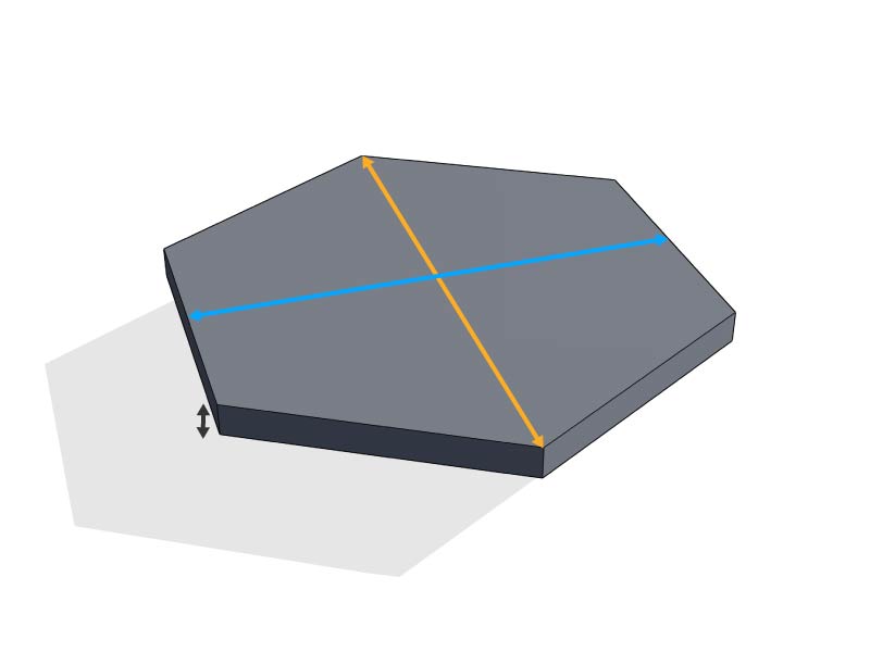 Hexagonal piece showing edge-to-edge and corner-to-corner dimensions and thickness.