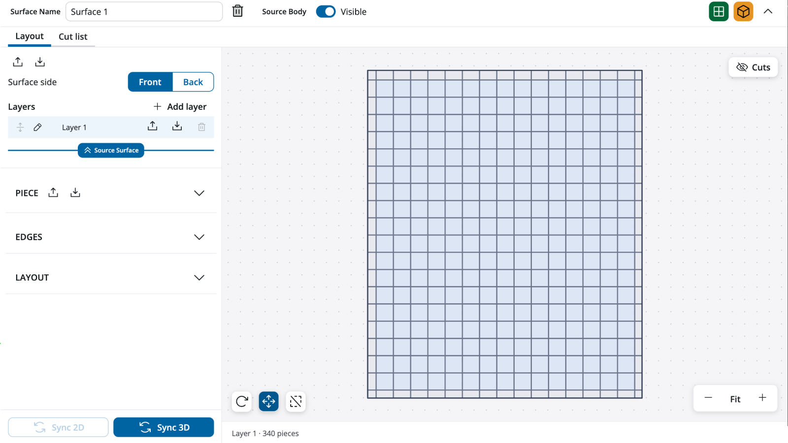 SurfaceLayout 2D interface showing the detected surface boundary and a rectangular piece layout.